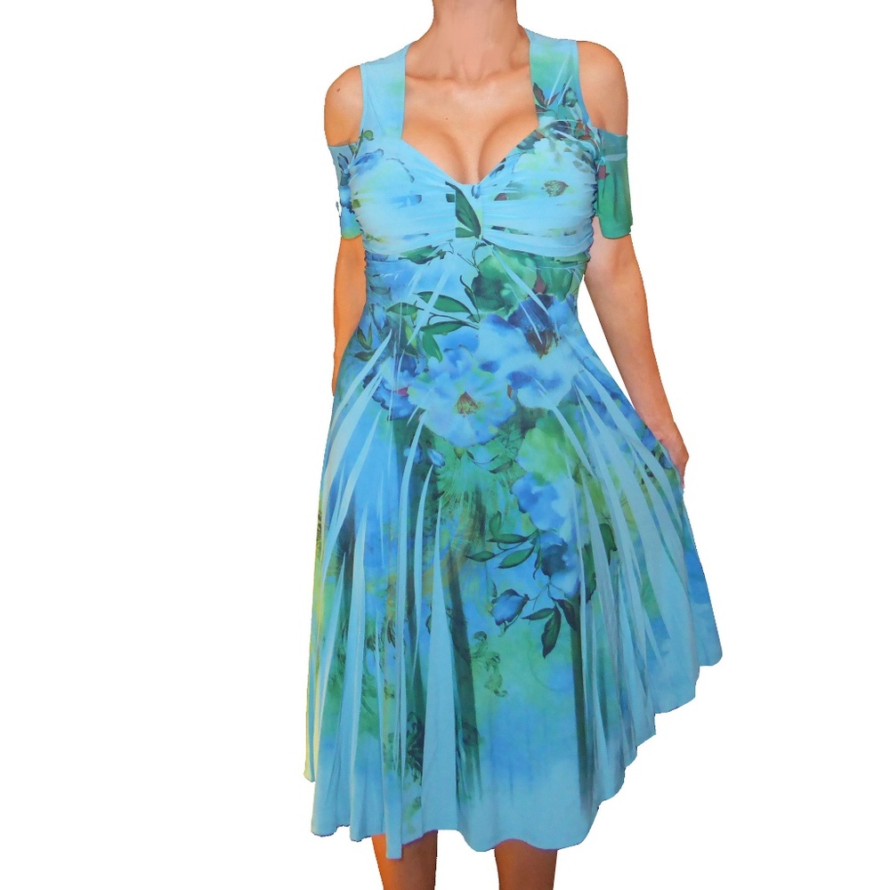 Funfash Plus Size Cold Shoulders Blue Floral Dress